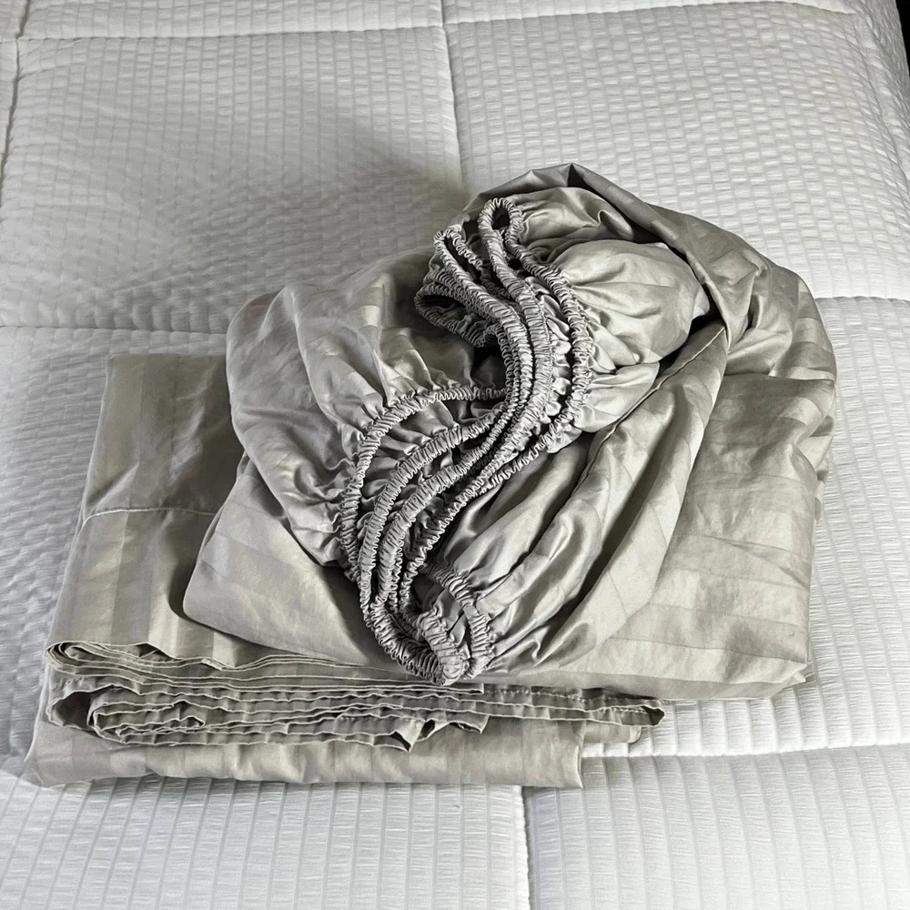 Wamsutta Queen Sheet 2-Piece Gray 100% Pima Cotton Damask Stripe 500TC Luxury